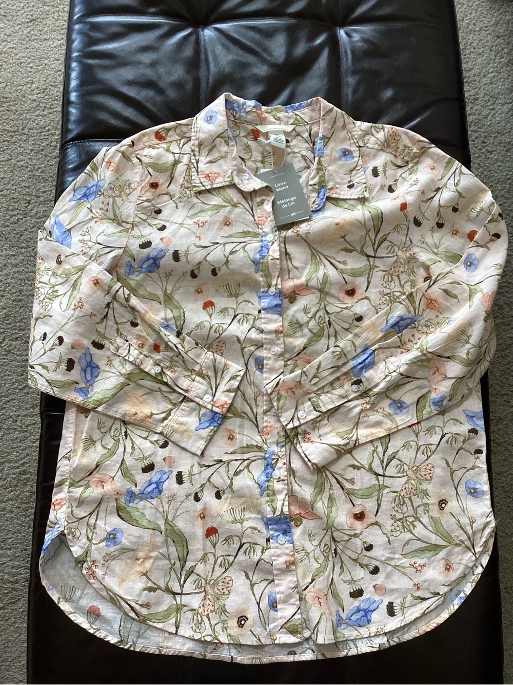 H&M Floral Linen-Blend Button-Down Shirt in Beige, Blue & Green